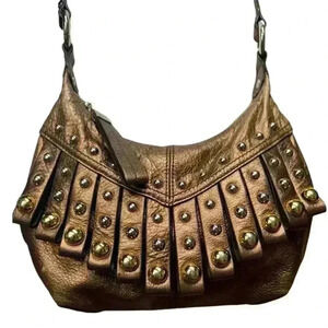 B Macowski Copper Pebble Leather Fringe Studded adjustable Crossbody Boho Bag